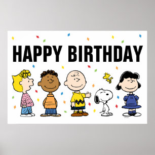 Poster Aniversário Confetes Charlie Brown e Turma