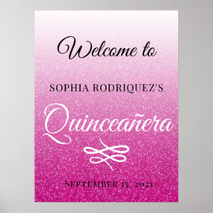 Poster Aniversário da 15 de Quinceañera Glitter Rosa Quen