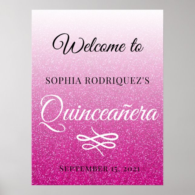 Poster Aniversário da 15 de Quinceañera Glitter Rosa Quen (Frente)