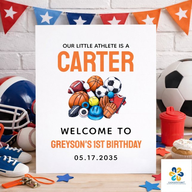 Poster Aniversário de 1 ano do Menino Estrela com Bolas E (Modern Boys Sports Balls All Star 1st Birthday Poster)