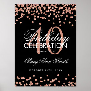 Poster aniversário de 40 anos preto Dourado rosa Confetti