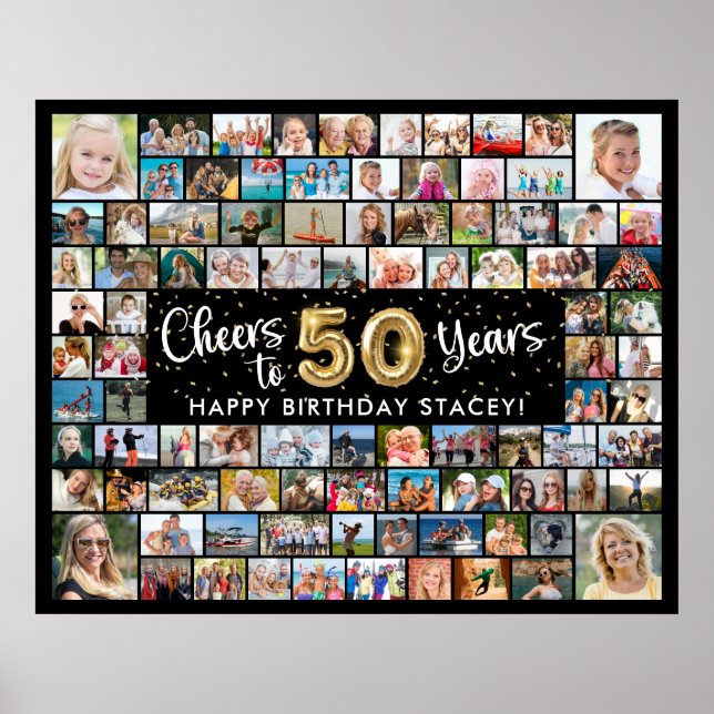 Poster Aniversário de 50 anos 92 Fotos Preto Dourado Para (Frente)