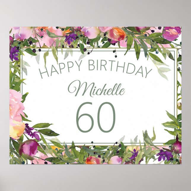 Poster Aniversário de 60 anos com flores rosa roxo (Frente)