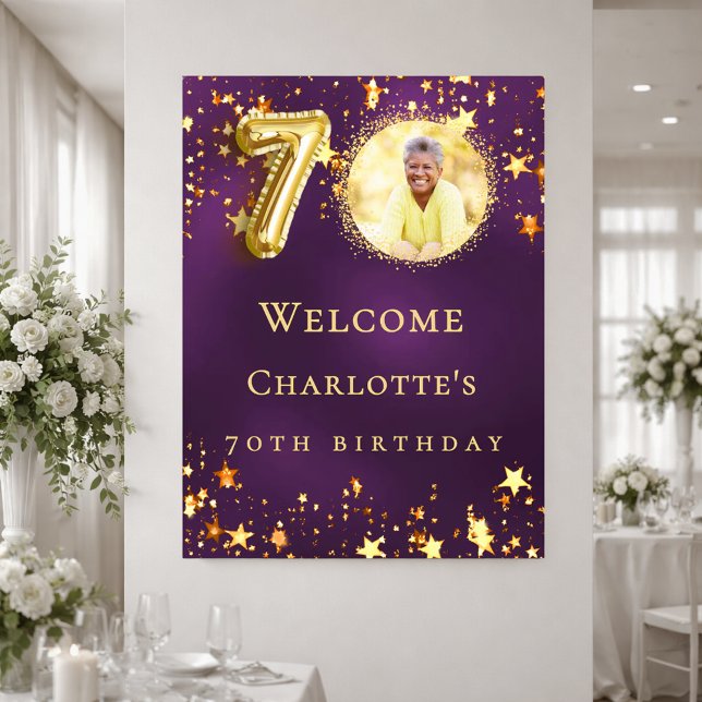 Poster Aniversário de 70 anos com estrelas douradas roxas (Criador carregado)