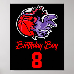 Poster Aniversário De 8 Anos Para Basquete E Dinosa