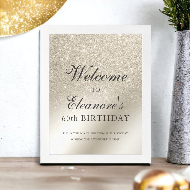 Poster aniversário de boas-vindas em pérola marfim metáli (pearl ivory glitter metallic welcome birthday poster)