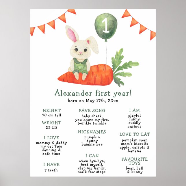 Poster Aniversário de Coelho de Um Ano Marco de Aniversár (Frente)
