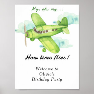 Poster Aniversário de criança de avião a aquarela