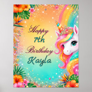 Poster Aniversário de Meninas Floral Unicórnio Arco-íris