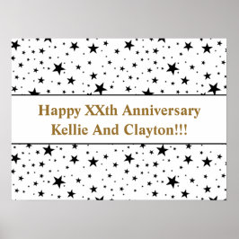 Poster Aniversário de Mensagem de Estrelas Brancas/Pretas