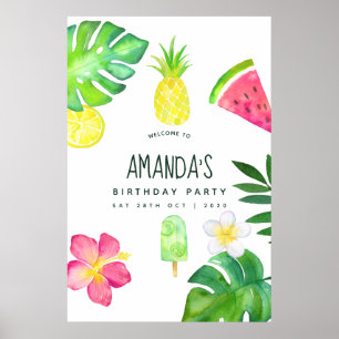 Poster Aniversário de Verão com Aquarela Tropical