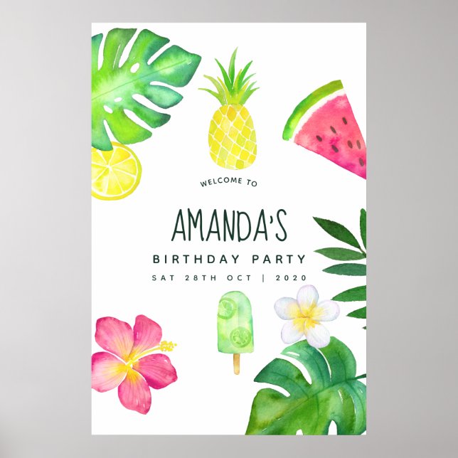 Poster Aniversário de Verão com Aquarela Tropical (Frente)
