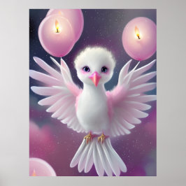 Poster Aniversário do Pássaro Bebê Branco e Rosa