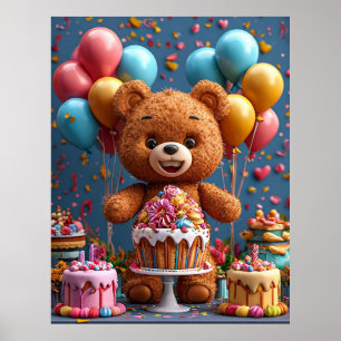 Poster Aniversário do Ursinho com Bolo e Balões para Cria