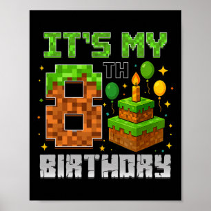 Poster Aniversário É o meu 8º Aniversário Gamer Pixel Boy