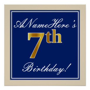 Póster Aniversário Elegante, Azul, Faux Dourado 7; Nome 
