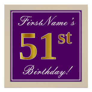 Póster Aniversário Elegante, Roxo, Faux Dourado 51 rua +