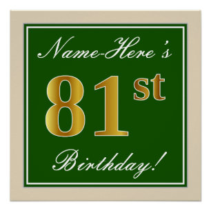Póster Aniversário Elegante, Verde, Faux Dourado 81 rua 