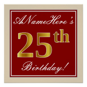 Póster Aniversário Elegante, Vermelho, Faux Dourado 25;
