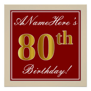 Póster Aniversário Elegante, Vermelho, Faux Dourado 80; 