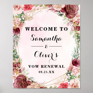 Poster Aniversário Floral do Rosa de Blush Burgundy