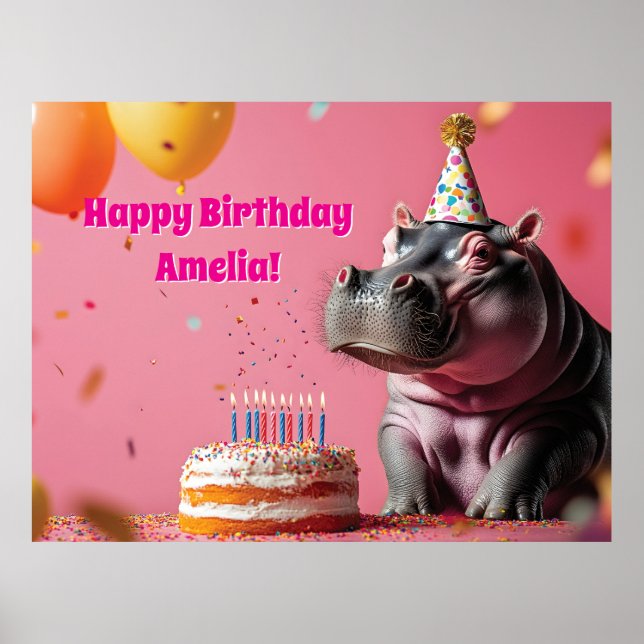 Poster Aniversário Hippo com Bolo e Balões (Frente)