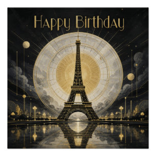 Póster Aniversário Paris Torre Eiffel Dourado Deco