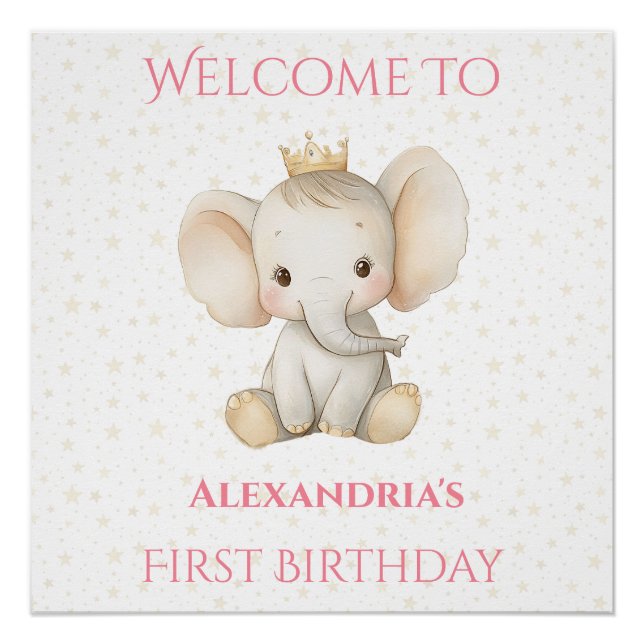 Póster Aniversário Personalizado Princesa Elefante Bem-Vi (Frente)