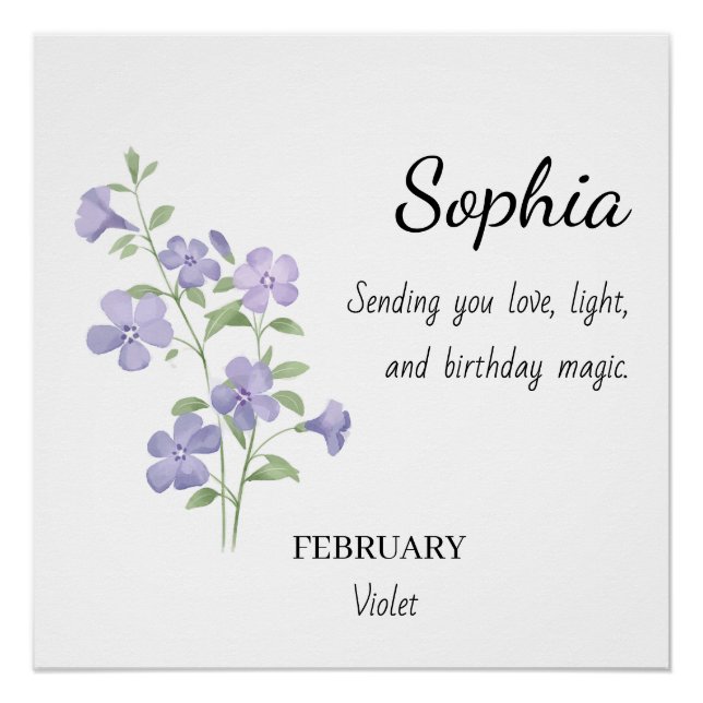 Póster Aniversário Personalizado Violeta de Fevereiro (Frente)