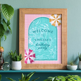 Poster Aniversário rosa do Partido da Piscina de Palm Pri