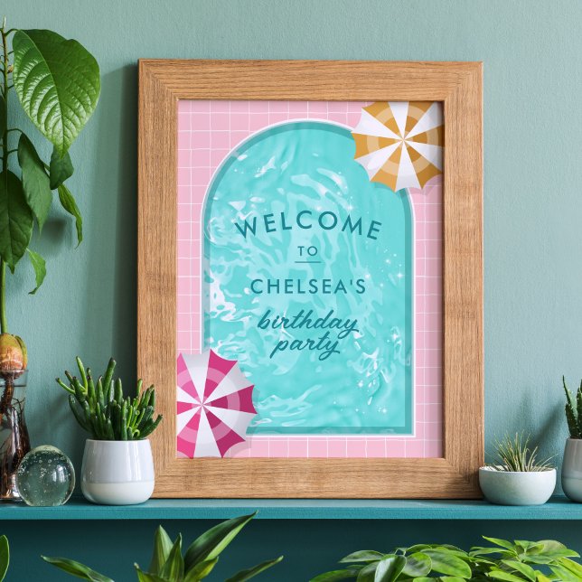 Poster Aniversário rosa do Partido da Piscina de Palm Pri (pink palm springs pool party welcome sign)