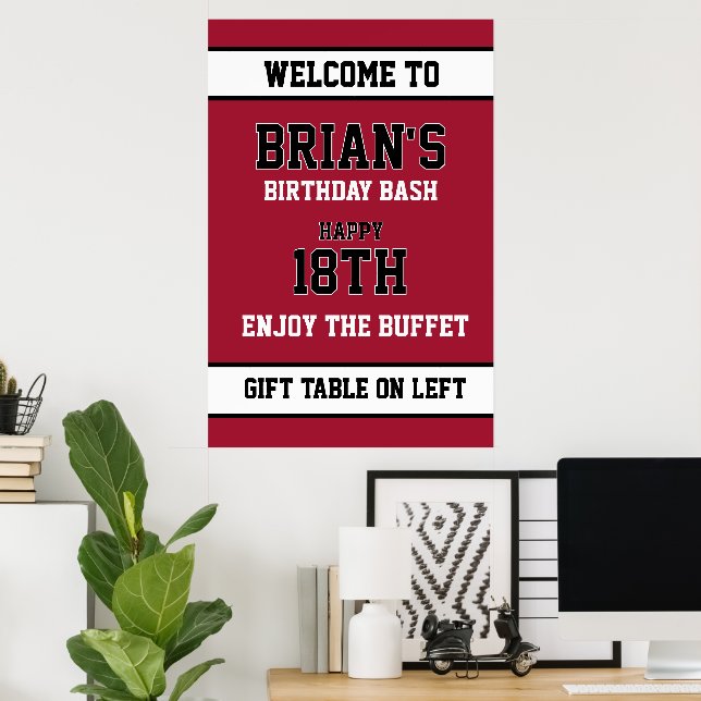 Poster Aniversário Vermelho Escuro e Branco (Escritório em casa)