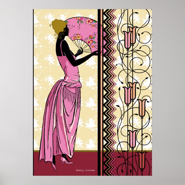 Poster ANJANETTE: Arte Deco Fashion em Rosa e Amarelo (Frente)
