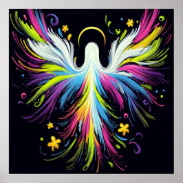 Poster Anjo Abstrato Multicolorido em Fundo Preto