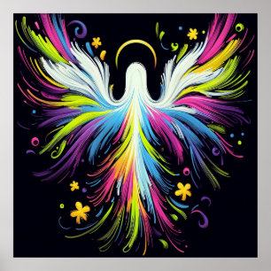 Poster Anjo Abstrato Multicolorido em Fundo Preto