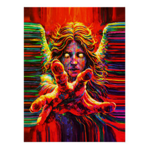 Póster Anjo Choroso Neon Multicolor Pintura a Óleo Impast