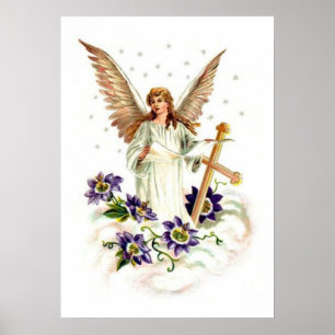 Poster Anjo Com Cruz E Flores De Clematite