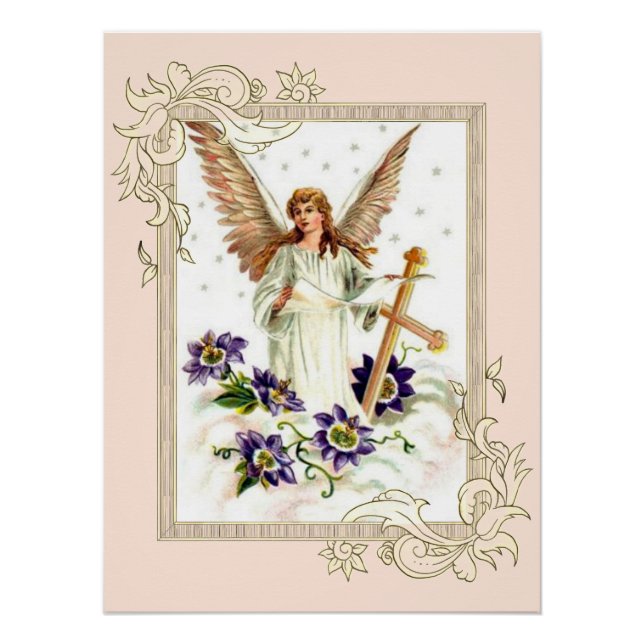 Póster Anjo Com Cruz E Flores De Clematite Poster (Frente)