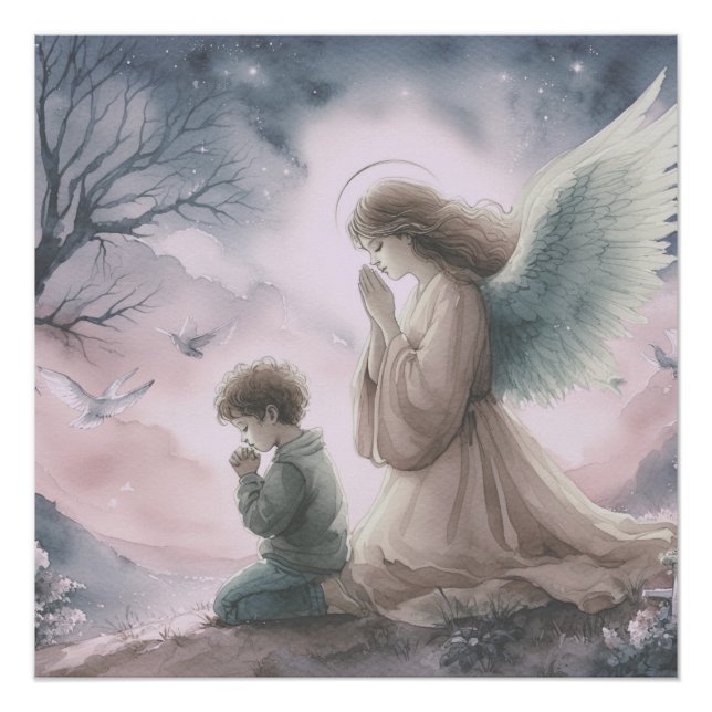 Póster Anjo da guarda e criança rezando juntos (Frente)