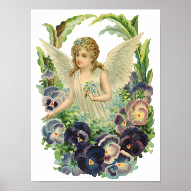 Poster Anjo da Páscoa vitoriano com flores de violeta (Frente)