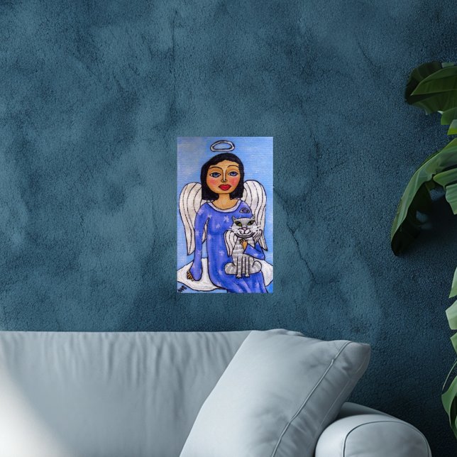 Póster Anjo e Gato Em Uma Nuvem (Angel blue dress on cloud holding white angel cat on sky blue art wall poster.)