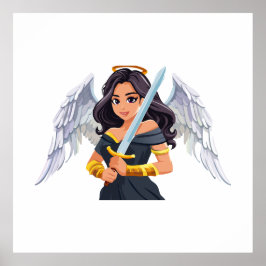 Poster Anjo feminino fofo com asas abertas e espada