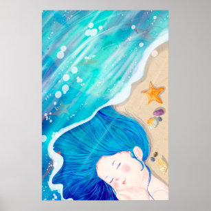 Poster Anjo longo de cabelos azuis dormindo na praia