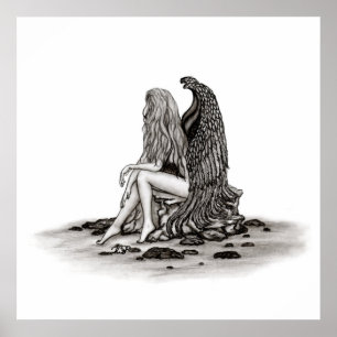 Poster Anjo, perdido no pensamento, design preto e branco