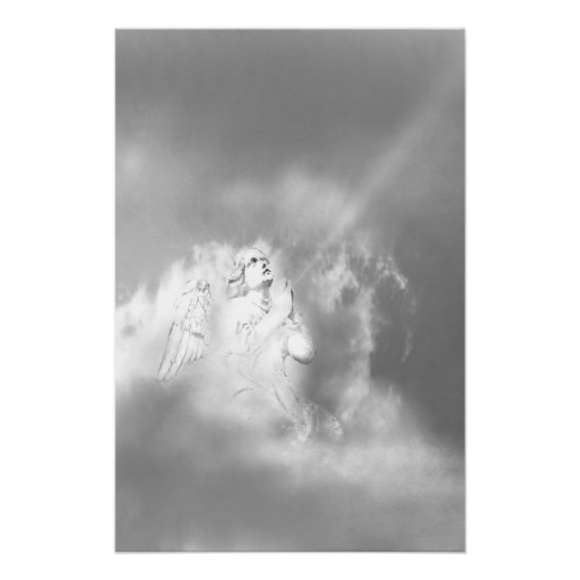 Póster Anjo Preto Branco Cinza nas Nuvens Rezando (Frente)