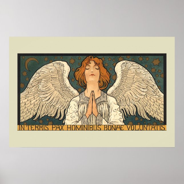 Póster Anjo Religioso Antigo Rezando com Estrelas Dourada (Frente)
