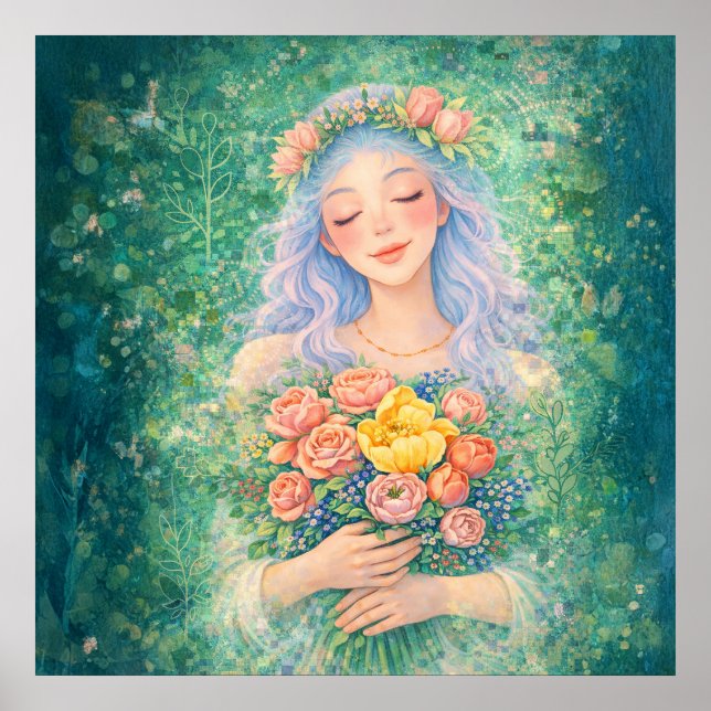 Poster Anjo Sonhador com Flores – Arte de Fantasia Verde  (Frente)