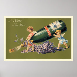 Póster Anjos do vintage com Champagne; Um feliz ano novo