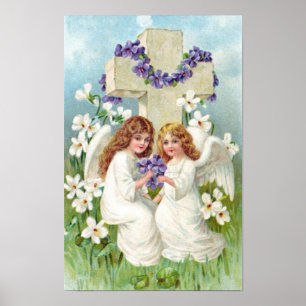 Poster Anjos Fofos Com Cruz E Flores