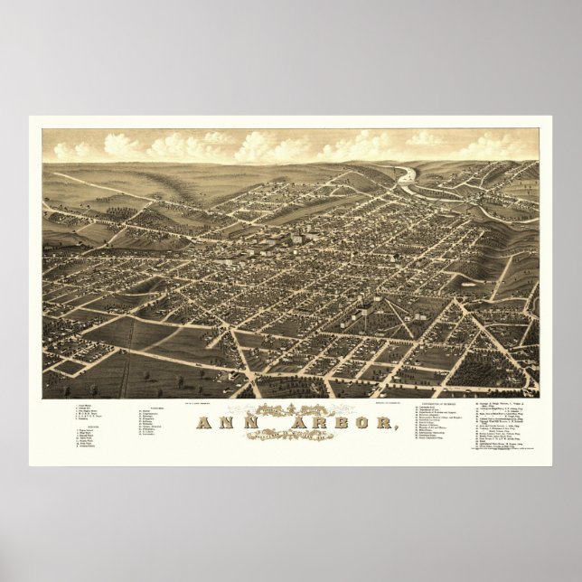 Póster Ann Arbor, MI Panorâmica Map - 1880 (Frente)